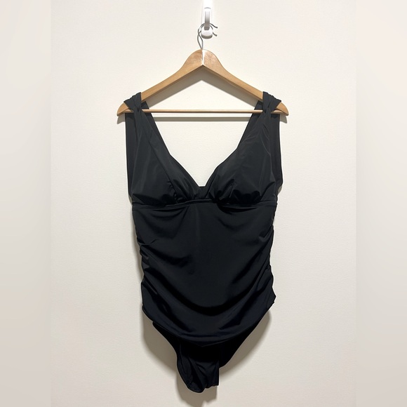 Black Swim suit ruched with wide straps, deep V neckline, & full coverage bottom - Picture 1 of 3